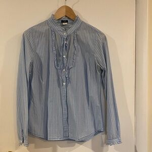J. Crew Light Blue & White Striped Ruffle Front Button-Down Blouse